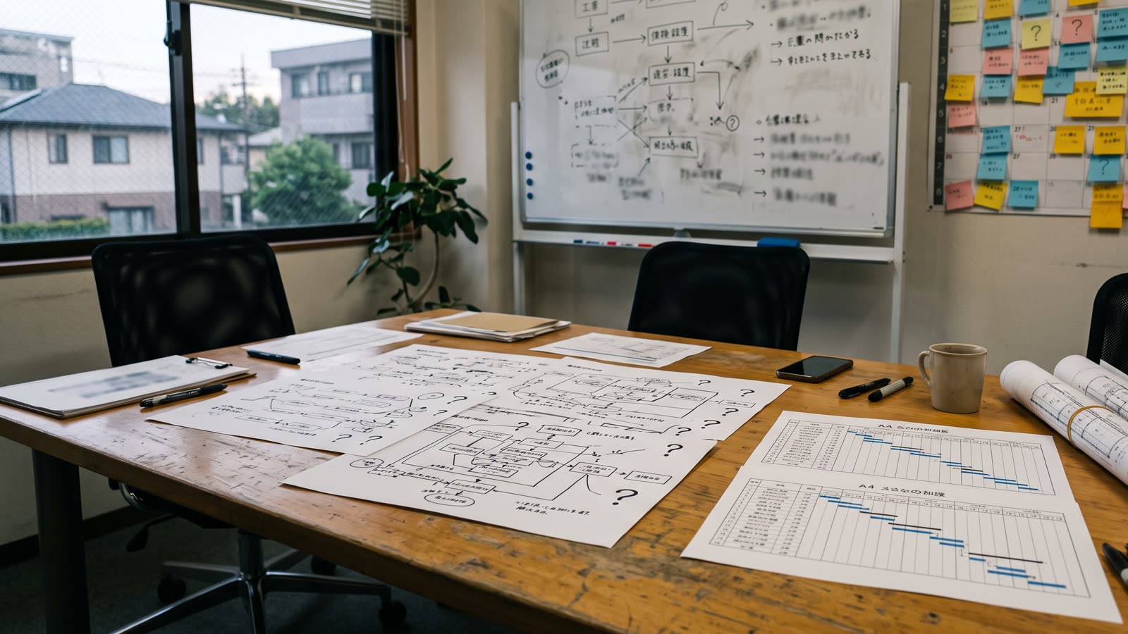 疑問符の書き込まれたフロー図や、食い違う2枚の工程表が会議机に並んでいるイメージ写真