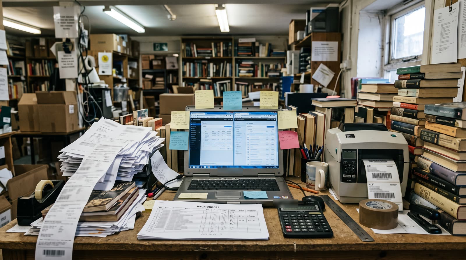 印刷した納品書の束や手書きの取り寄せ一覧、2つの管理画面を並べたノートPC、ラベルプリンターが置かれた出荷作業台のイメージ写真