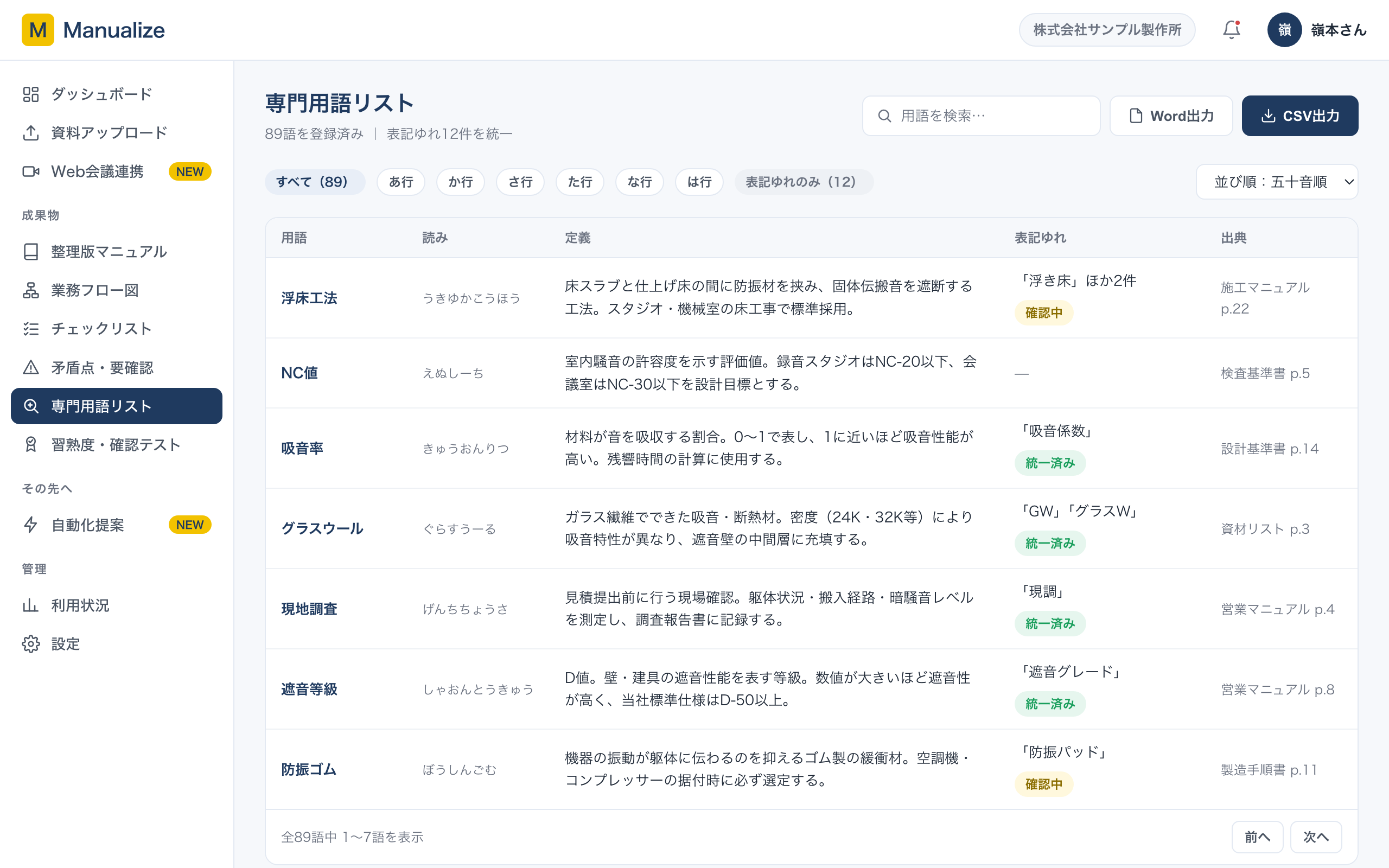 専門用語リスト画面:用語・読み・定義・表記ゆれ・出典が表形式で一覧表示されている